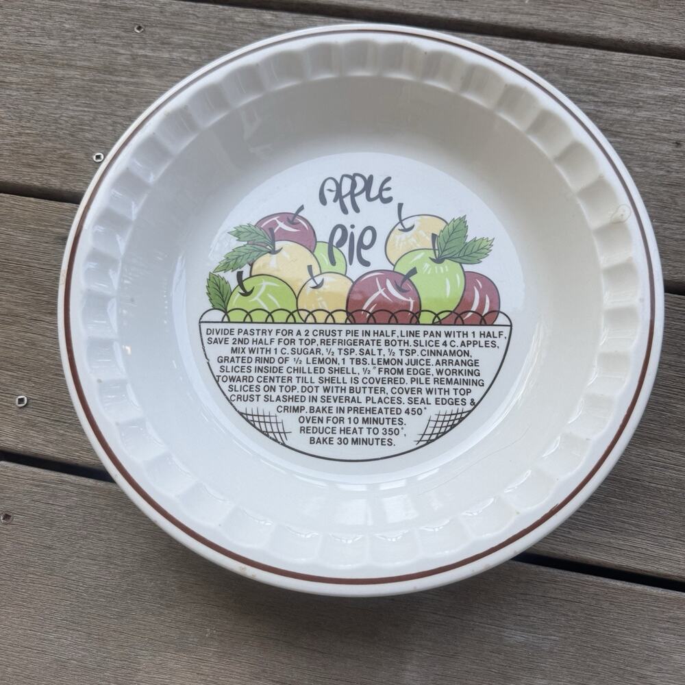 Vintage Hankook ceramic apple pie plate with printed recipe
